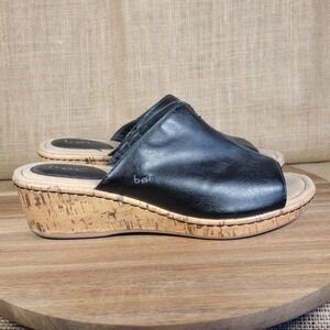 b.o.c Born Women's Wedge Slide Sandals Black Leather Cork Heel Size‎ 10M Shoes